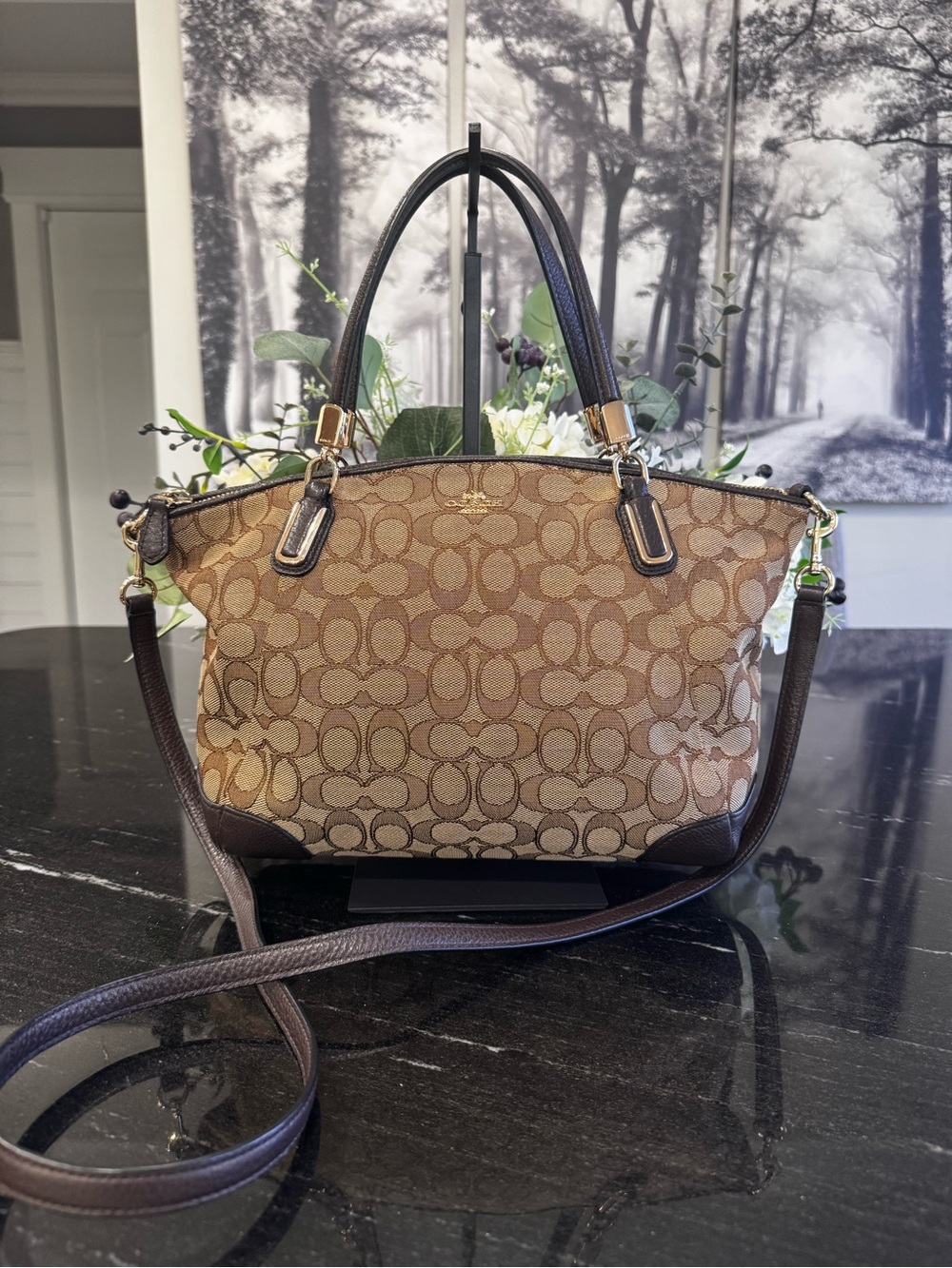 Coach Small Kelsey Satchel Outlined Signature Khaki Brown Tote Crossbody